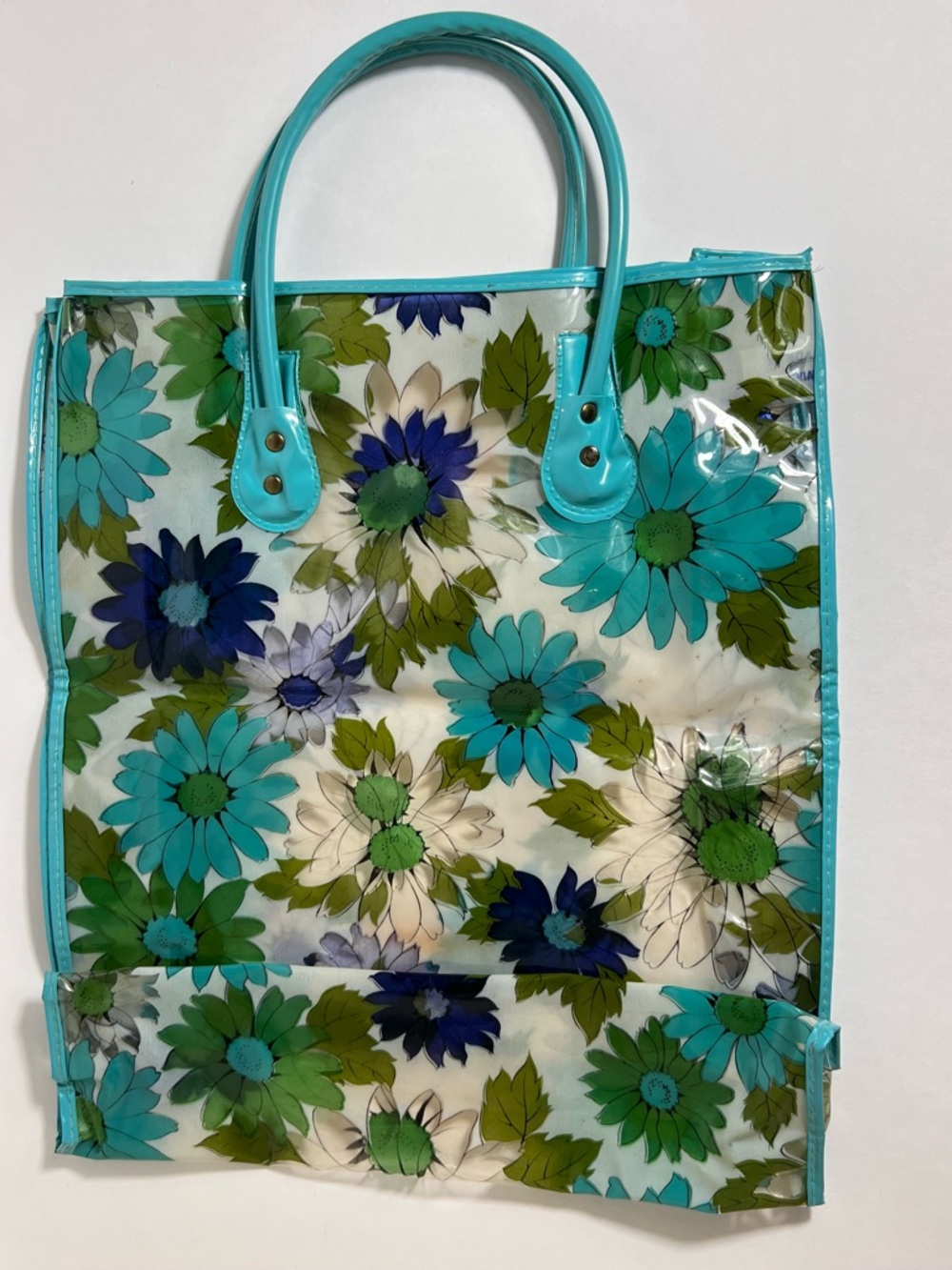 Groovy Vintage Clear Vinyl Retro Blue Green Floral Daisy Tote Bag 60s 70s - Picture 2 of 16